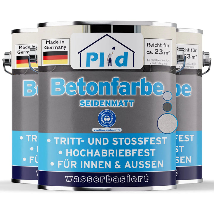 Abgebildet sind drei Metalldosen von plid Betonfarbe für Böden &amp; Wände. Das Etikett hebt die Abriebfestigkeit, die wetterfeste Rezeptur und die Eignung für Innen- und Außenflächen hervor.