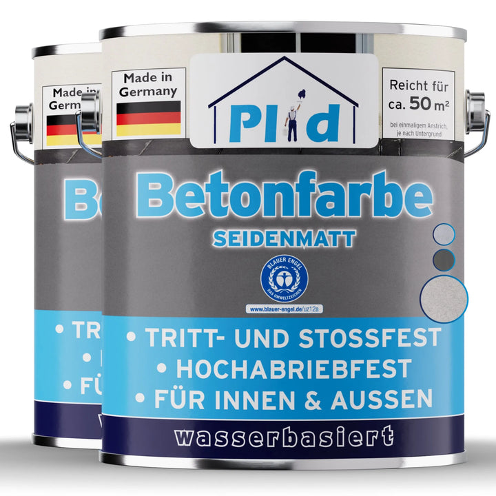 Zwei Dosen plid Betonfarbe für Böden &amp; Wände, abriebfest &amp; wetterbeständig, mit blauem und grauem Etikett. Diese langlebige Farbe auf Wasserbasis von plid ist ideal für Oberflächen im Innen- und Außenbereich und stolz made in Germany.
