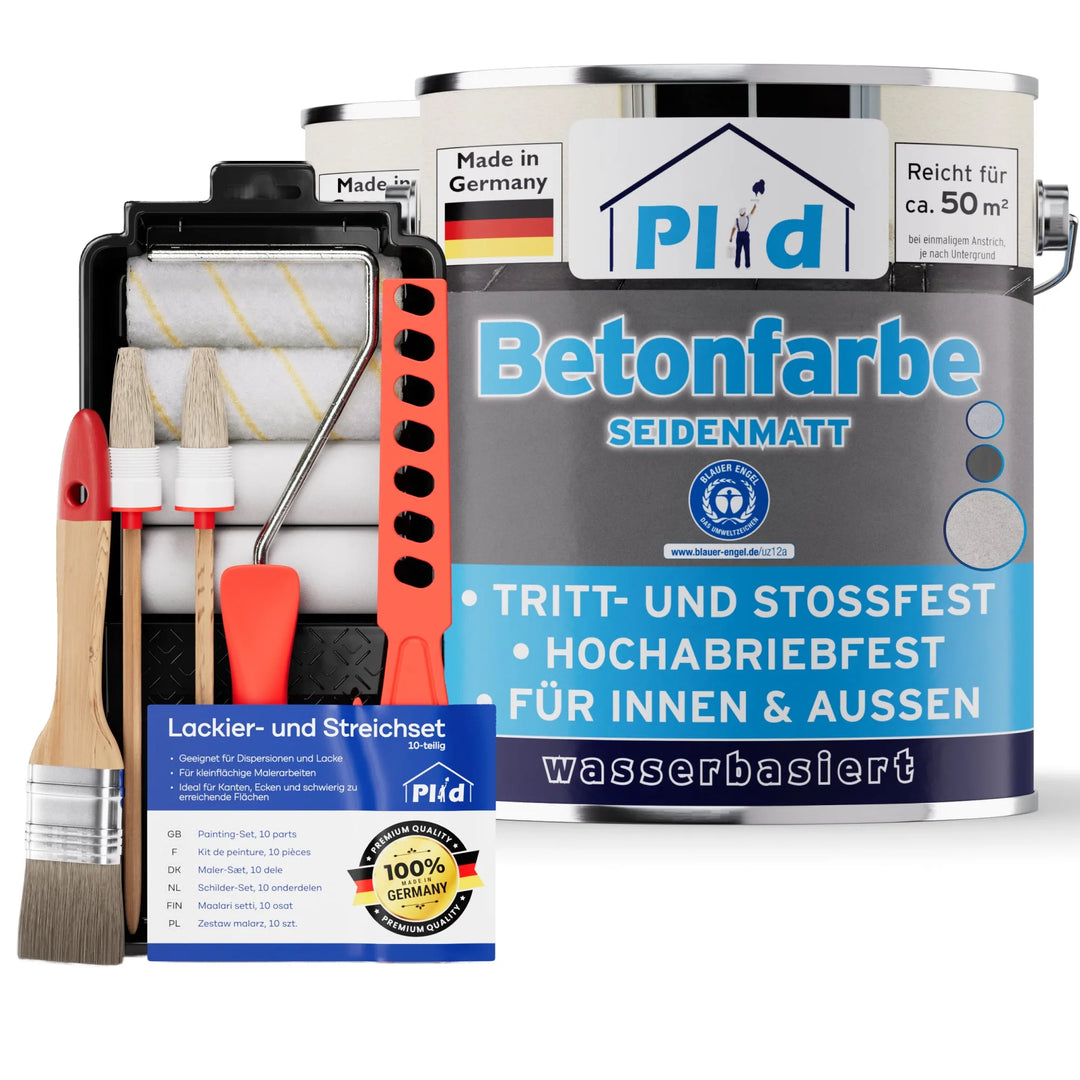Eine Dose plid Betonfarbe - Anstreichset mit deutschem Text steht neben einem Farbrollenset mit Pinseln, Rolle, Schale und Zubehör. Diese Farbe auf Wasserbasis ist hochdeckend und für den Innen- und Außenbereich geeignet.