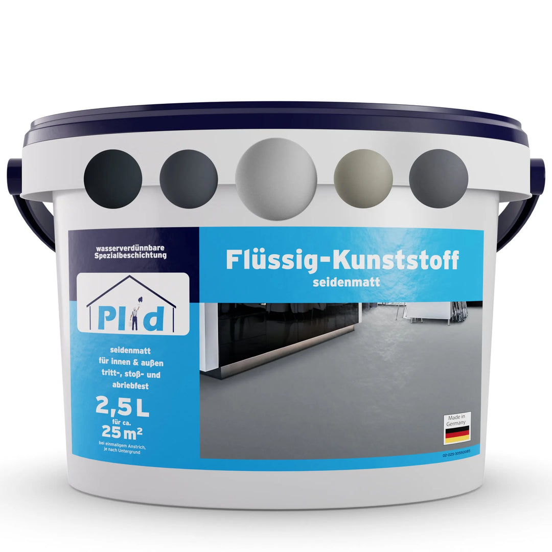 Ein weißer Eimer mit einem marineblauen Deckel mit der Aufschrift plid Flüssigkunststoff Bodenbeschichtung für Innen &amp; Außen - Betonfarbe fasst 2,5 l Spezialbeschichtung. Das Etikett zeigt graue Muster und die Abbildung eines beschichteten Bodens.