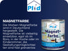Eine deutsche Anzeige zeigt eine Dose Plid Magnetfarbe mit einem Text, der ihre vielseitige Verwendung in Büros, Küchen und Kinderzimmern beschreibt. Die Farbe ist auf Wasserbasis und wird in Deutschland hergestellt.
