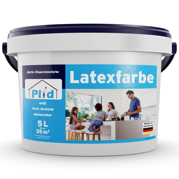 Ein weißer 5L Kunststoffeimer von plid Latexfarbe scheuerbeständig &amp; hochdeckend innen mit einem blauen Etikett, das eine Familie in einer Küche zeigt; matte, abwaschbare, weiße Farbe für 35m². Hergestellt in Deutschland.