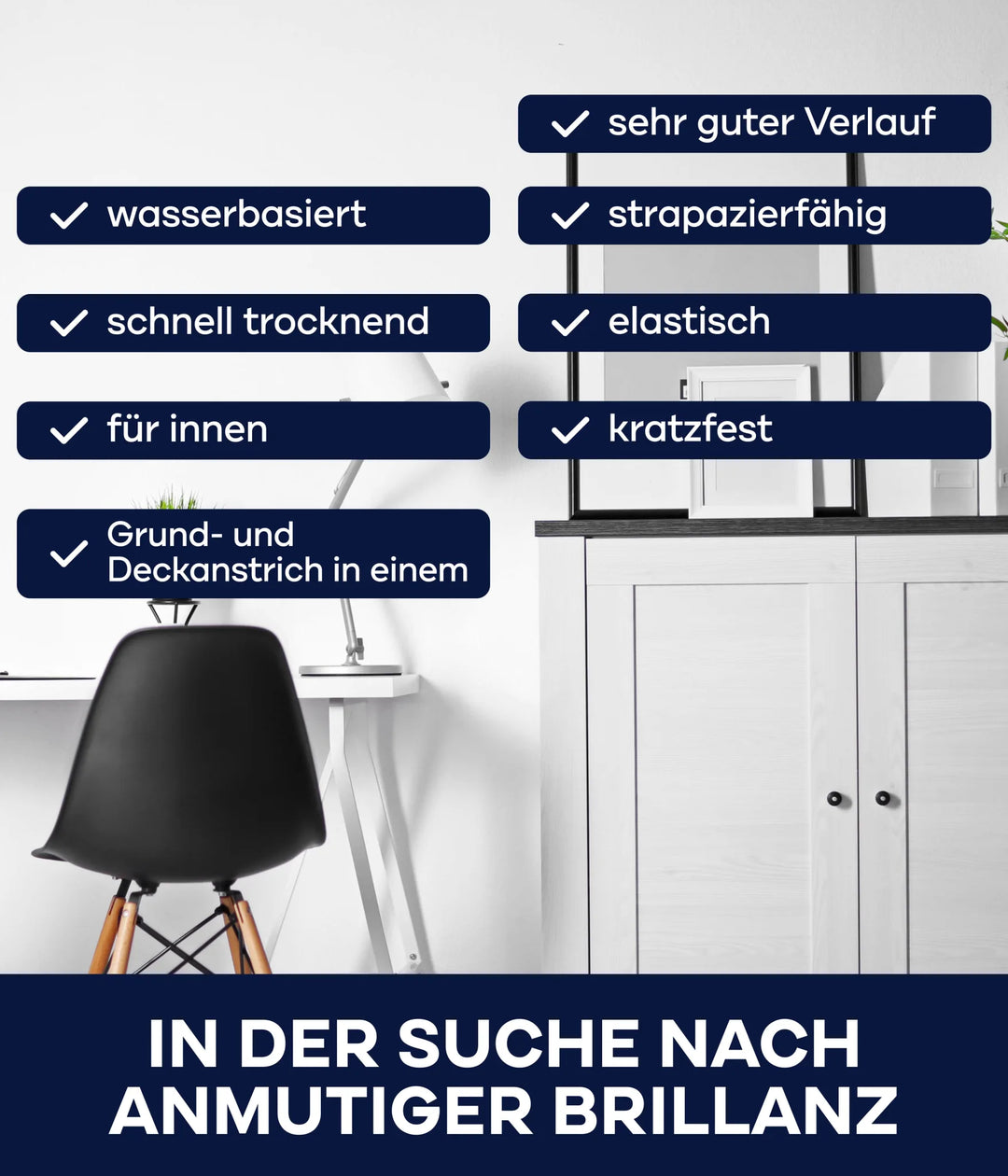 Ein schlichter Arbeitsbereich mit schwarzem Stuhl, weißem Schreibtisch und Regalen. Der deutsche Text beschreibt Plid Möbellacks kratzfest &amp; seidenmatt Ausführung für Holz &amp; Innenbereiche. Kühn: IN DER SUCHE NACH ANMUTIGER BRILLANZ. Marke: plid.