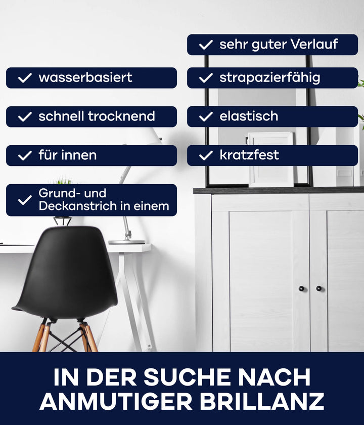 Ein schlichter Arbeitsbereich mit schwarzem Stuhl, weißem Schreibtisch und Regalen. Der deutsche Text beschreibt Plid Möbellacks kratzfest &amp; seidenmatt Ausführung für Holz &amp; Innenbereiche. Kühn: IN DER SUCHE NACH ANMUTIGER BRILLANZ. Marke: plid.