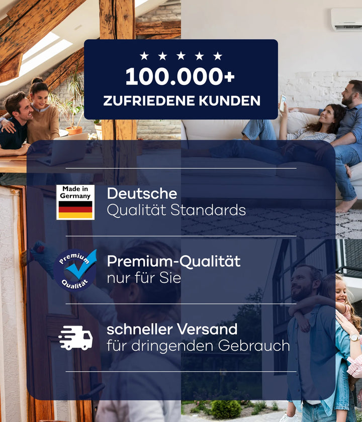 Eine Promo-Grafik für plid Plid Möbellack - kratzfest &amp; seidenmatt für Holz &amp; Innenbereiche zeigt 100.000+ zufriedene Kunden, fröhliche Menschen daheim und Features wie deutsche Qualität, abriebfeste Premium-Formel und schnellen Versand bei Bedarf.