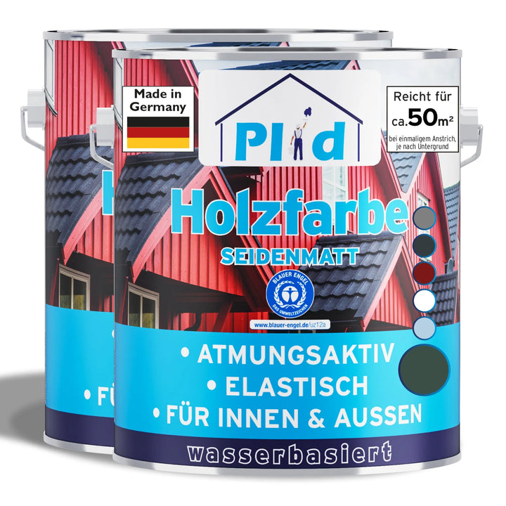 Abgebildet sind zwei Dosen von plid Wetterschutz Holzfarbe-deckend &amp; wetterfest für innen &amp; außen. Auf dem Etikett steht "Holzfarbe Seidenmatt" und es wird auf Atmungsaktivität, Elastizität, Deutschlandflagge und eine Hausgrafik zum Schutz hingewiesen.