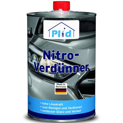 Ein Metallkanister plid Plid Nitro-Verdünner - stark & schnell für Lacke & Reinigung mit roter Kappe, Autoabbildung und Deutschlandflagge, zum Reinigen, Werkzeugreinigen, Verdünnen von Lacken und zur Erhöhung von Glanz und Verlauf.