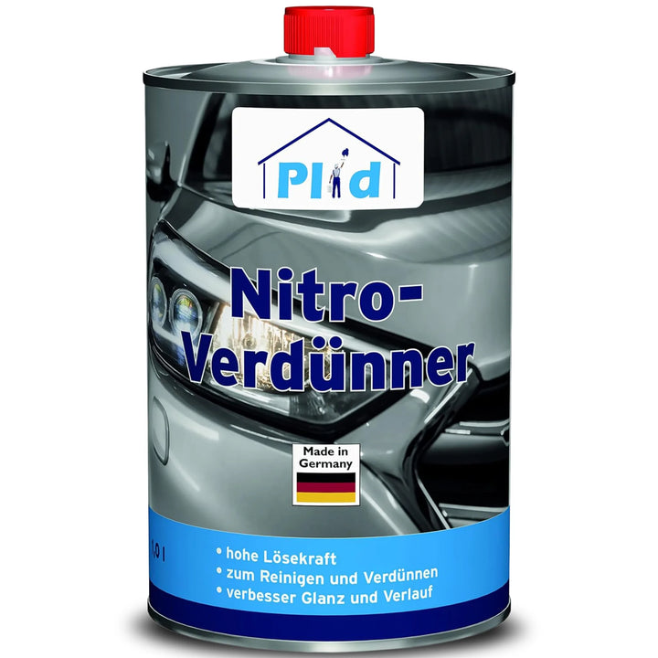 Ein Metallkanister plid Plid Nitro-Verdünner - stark &amp; schnell für Lacke &amp; Reinigung mit roter Kappe, Autoabbildung und Deutschlandflagge, zum Reinigen, Werkzeugreinigen, Verdünnen von Lacken und zur Erhöhung von Glanz und Verlauf.