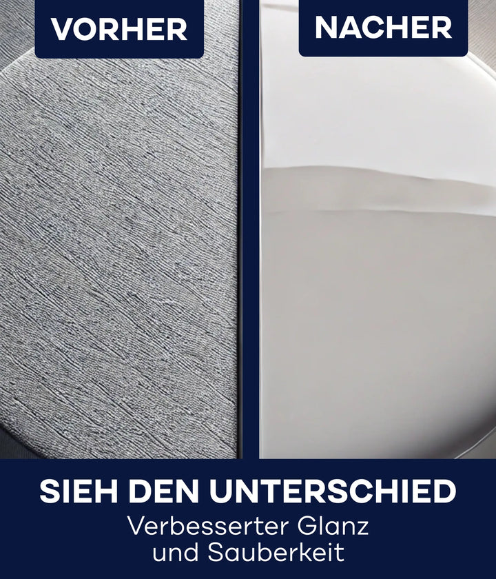 Geteiltes Bild: Links (Vorher) zeigt eine matte, strukturierte graue Oberfläche. Rechts (Nachher) zeigt ein glattes, glänzendes Ergebnis nach der Reinigung mit plid Plid Nitro-Verdünner - stark &amp; schnell für Lacke &amp; Reinigung. Der Text hebt den verbesserten Glanz und die Sauberkeit hervor.