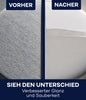 Bildteilung: Gewebeoberfläche vor (links: grau, strukturiert) und nach (rechts: weiß, glatt, sauber) der Reinigung mit plid Nitro-Verdünner - stark & schnell für Lacke & Reinigung. Deutscher Text: "Sieh den Unterschied mit plid.