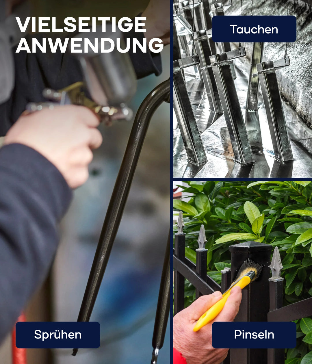 Drei Bilder zeigen plid Nitro-Verdünner, die zum Sprühen von Farbe auf einen Metallzaun, zum Tauchen von Metallteilen und zum Pinseln von Farbe auf einen Gartenzaun verwendet werden. Text: "Vielseitige Anwendung".