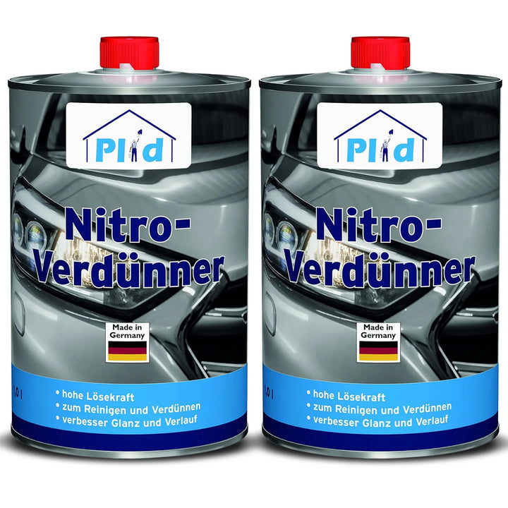 Zwei Plid Nitro-Verdünner-Dosen aus Metall mit rotem Deckel, Autoscheinwerfermotiv, Deutschlandflagge und blauem Text. Ideal für die Werkzeugreinigung. Mit der Aufschrift "Made in Germany". Marke: plid - stark &amp; schnell für Lacke &amp; Reinigung.