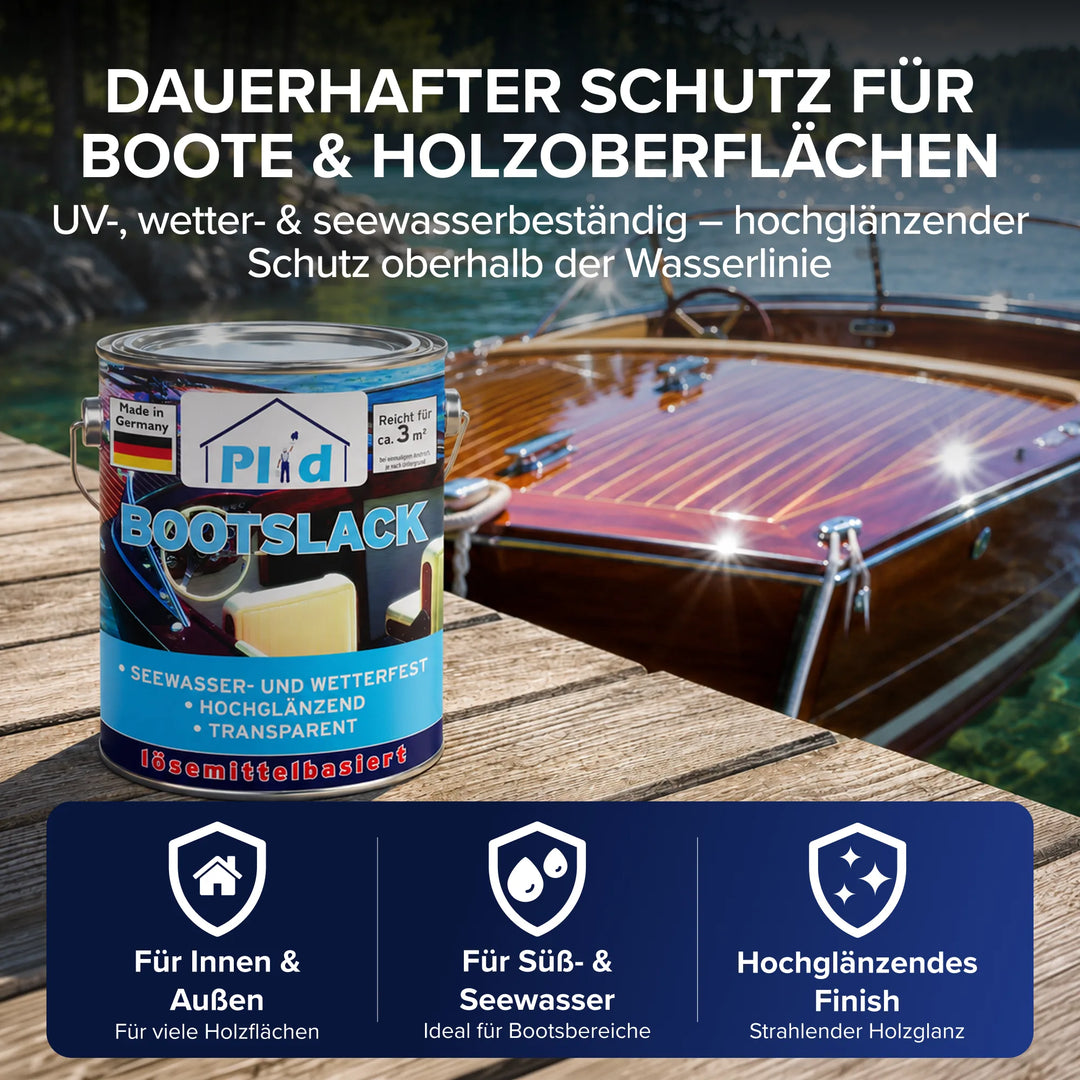 Eine Dose „plid Bootslack – Anstreichset“ steht vor einem glänzenden Holzboot auf dem Wasser. Der Text hebt die langlebige, UV- und witterungsbeständige, hochglänzende Holzschutzfarbe auf Wasserbasis hervor – ideal als Holzlack für Boote oder Außenbereiche.