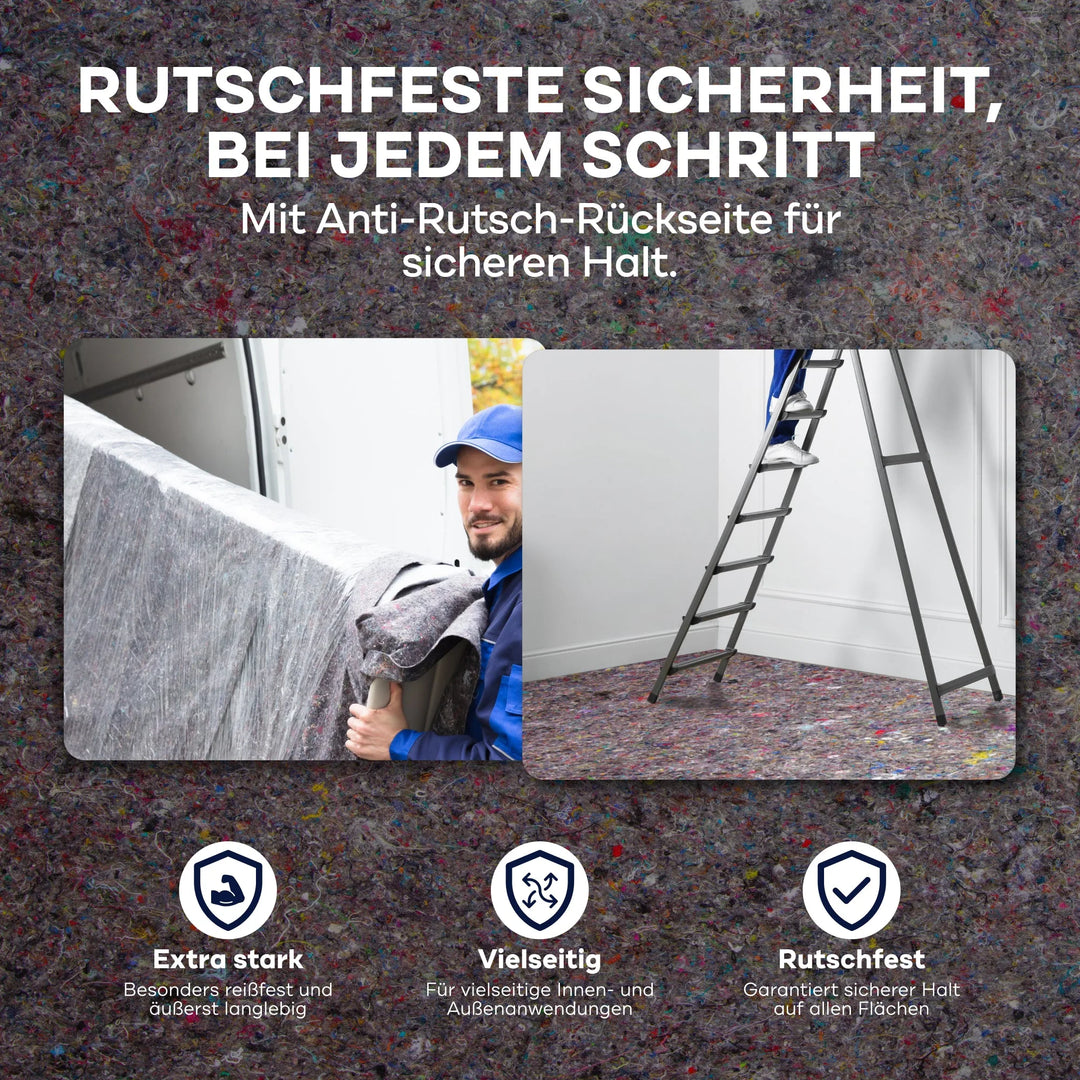 Ein Möbelpacker trägt Möbel auf dem Plid Abdeckvlies 220 g/m² von plid, ein anderer klettert darauf eine Leiter hoch. Dieses Abdeckvlies bietet starken, rutschfesten, vielseitigen Bodenschutz - ideal für sicheren Halt beim Renovieren und Bauen.