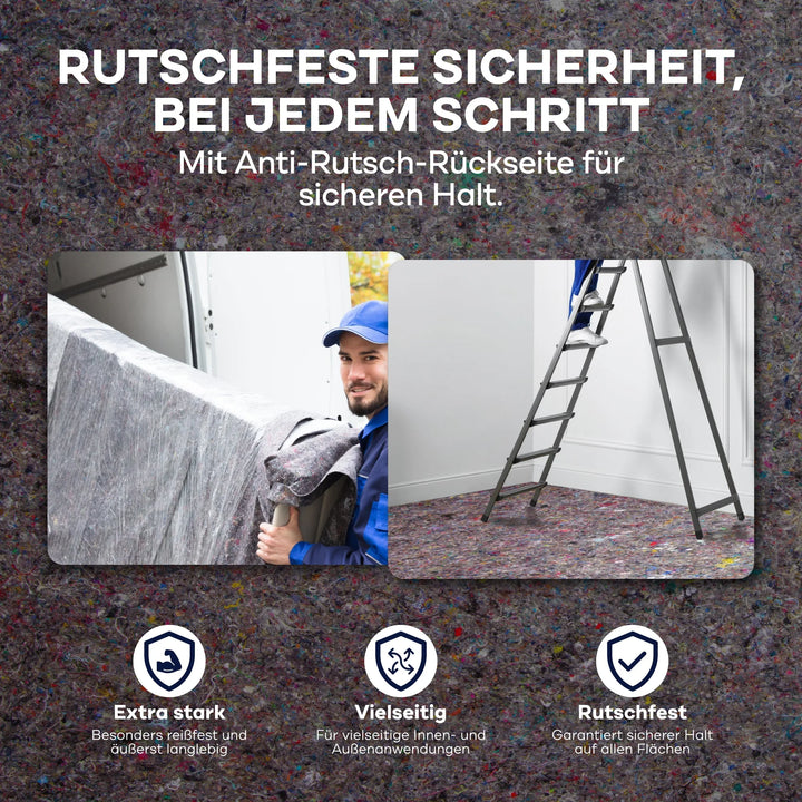 Ein Möbelpacker trägt ein abgedecktes Objekt, während jemand auf einer Leiter steht, die auf plid Abdeckvlies 220 g/m² steht, einem Malervlies von plid, das einen rutschfesten, extrastarken und vielseitigen Oberflächenschutz für sichere Renovierungs- und Bauarbeiten bietet.