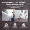 Ein Möbelpacker trägt Möbel auf einem grauen plid Abdeckvlies 220 g/m², während ein anderer auf einer Leiter über plid Malervlies steht. Drei Piktogramme betonen zusätzliche Stärke, Vielseitigkeit und rutschfeste Sicherheit. Der Text erläutert den Anti-Rutsch-Schutz für eine zuverlässige Abdeckung.