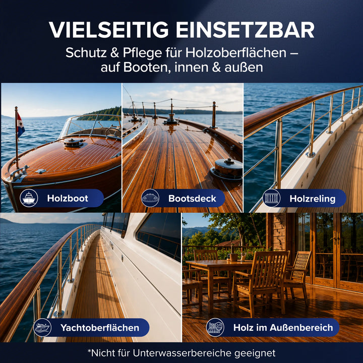 Vier Bilder zeigen Holzoberflächen: ein mit „Plid Bootslack – wetterfest &amp; hochglänzend“ von plid behandeltes Bootsdeck, einen Gehweg, ein Handlauf an einer Yacht sowie Terrassenmöbel – der Text hebt den vielseitigen Holzschutz für den Außenbereich hervor.