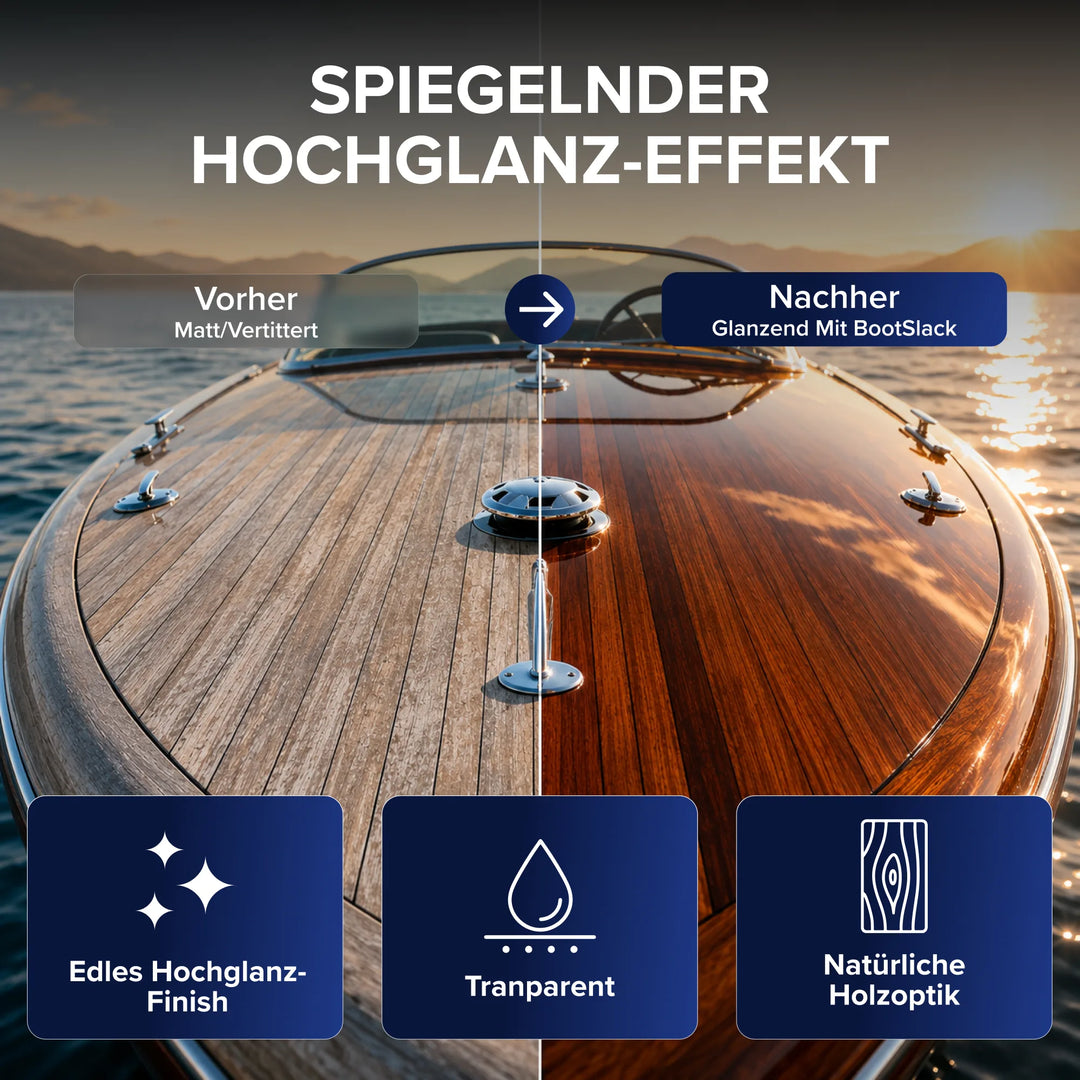 Ein Spaltbild zeigt das Deck eines Holzbootes vor und nach der Behandlung. Der Text hebt den matten Zustand vor der Behandlung, den spiegelartigen Hochglanzeffekt sowie den glänzenden Zustand nach der Behandlung hervor, der mit dem „plid Bootslack – Anstreichset“ erzielt wurde.