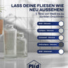 Zwei Flaschen Plid PU-Fliesenlack von plid stehen auf einem Badezimmertisch mit weiß gefliesten Wänden. Der Text oben präsentiert fünf Farboptionen für diese langlebige, wasserbeständige Fliesenfarbe für Bad und Küche, die rechts als kreisförmige Farbfelder dargestellt sind.