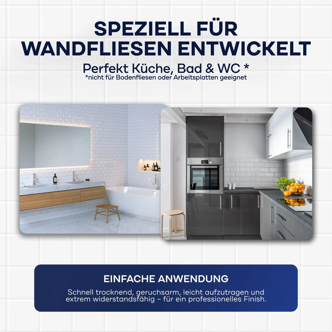 Zwei Bilder zeigen geflieste Wände mit modernem Dekor. Deutscher Text hebt plid Plid PU-Fliesenlack-strapazierfähig &amp; wasserfest von plid-zur einfachen Renovierung von Wandfliesen in Küche, Bad und WC. Ideal für Bad &amp; Küche.