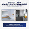 Zwei Fotos zeigen moderne Bad- & Küchenräume mit weißen Fliesen. Der deutsche Text bewirbt den plid PU-Fliesenlack: einfach anzuwenden, strapazierfähig & wasserfest - ideal zum Renovieren von Fliesen in Bad, Küche oder WC.
