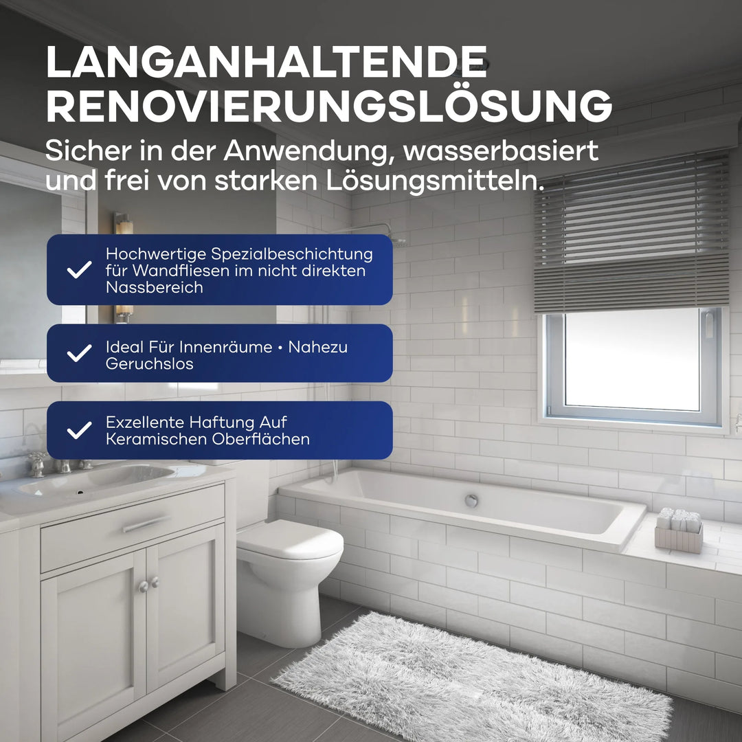 Modernes Badezimmer mit weißen Fliesen, Badewanne, Toilette, Waschbecken, grauen Jalousien und Teppichboden. Überlagerter deutscher Text zeigt plid PU-Fliesenlack-strapazierfähig &amp; wasserfest-ideal zum Renovieren von Fliesen in Bad &amp; Küche von plid.