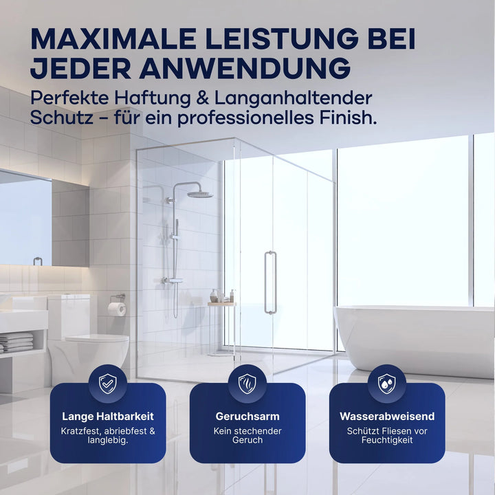 Modernes, helles Bad mit Dusche &amp; Wanne. PU-Fliesenlack mit Anlauger von plid: langlebig, geruchsarm &amp; wasserabweisend - perfekt zur Fliesenrenovierung. Maximale Leistung bei jeder Anwendung in Bad &amp; Küche.