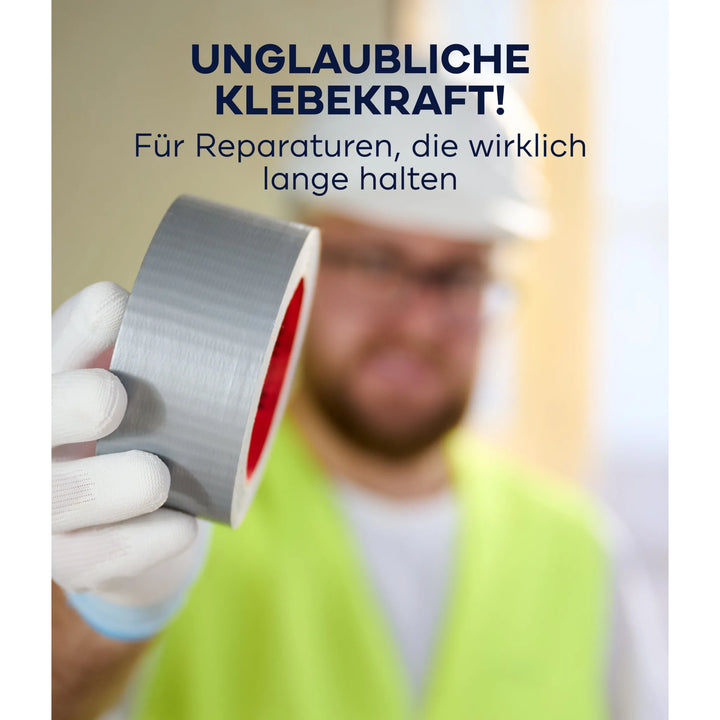 Eine Person in Schutzweste und Helm hält eine Rolle Plid Panzerband Silber - extrastark &amp; wetterfest für Reparaturen 50mm. Der Text darüber lautet: Unglaubliche Klebekraft! Für Reparaturen, die wirklich lange halten. Marke: plid.