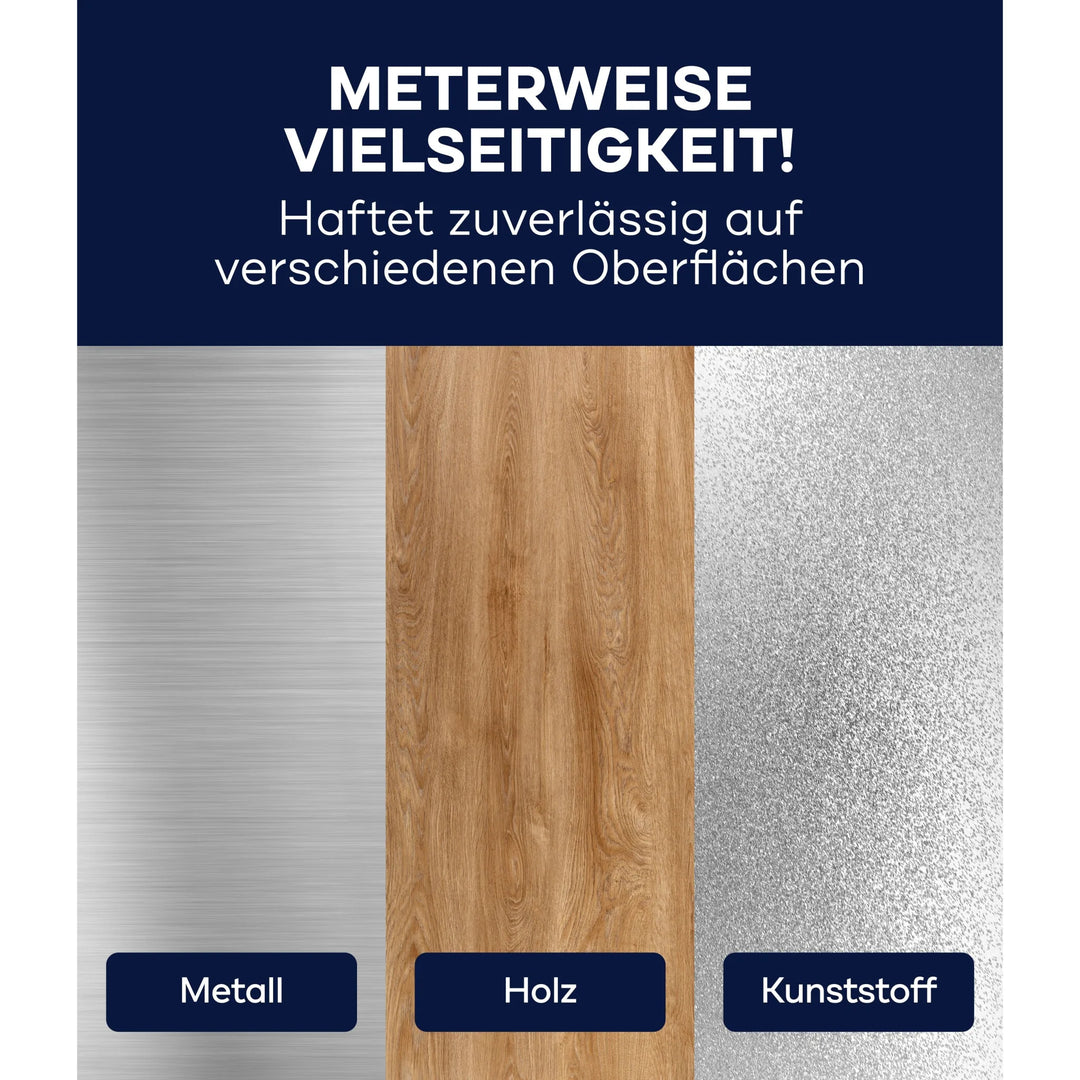 Drei vertikale Paneele zeigen gebürstetes Metall, Holz und strukturierten Kunststoff. Oben steht: Plid Panzerband Silber haftet extrastark &amp; wetterfest auf verschiedenen Oberflächen.
