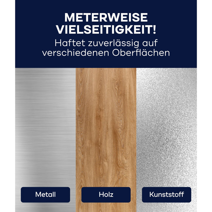 Drei vertikale Paneele zeigen gebürstetes Metall, Holz und strukturierten Kunststoff. Oben steht: Plid Panzerband Silber haftet extrastark &amp; wetterfest auf verschiedenen Oberflächen.
