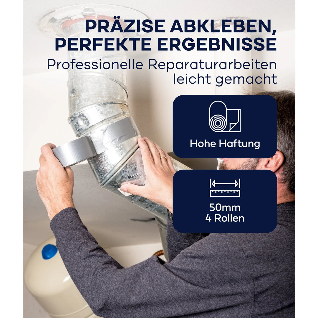 Ein Mann benutzt das Plid Panzerband Silber - extrastark &amp; wetterfest - von plid auf einem Lüftungsrohr aus Metall; deutscher Text und Icons betonen den starken Halt und die 50 mm Breite, erhältlich in Packungen mit 4 Rollen.