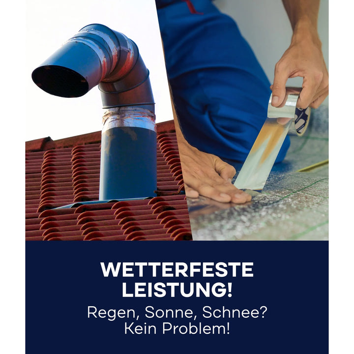 Ein Metallentlüftungsrohr auf einem roten Dach und eine Person, die eine Fläche mit Plid Panzerband Silber - extrastark &amp; wetterfest für Reparaturen 50mm von plid abdichtet. Deutscher Text: "Wetterfeste Leistung! Regen, Sonne, Schnee? Kein Problem!".