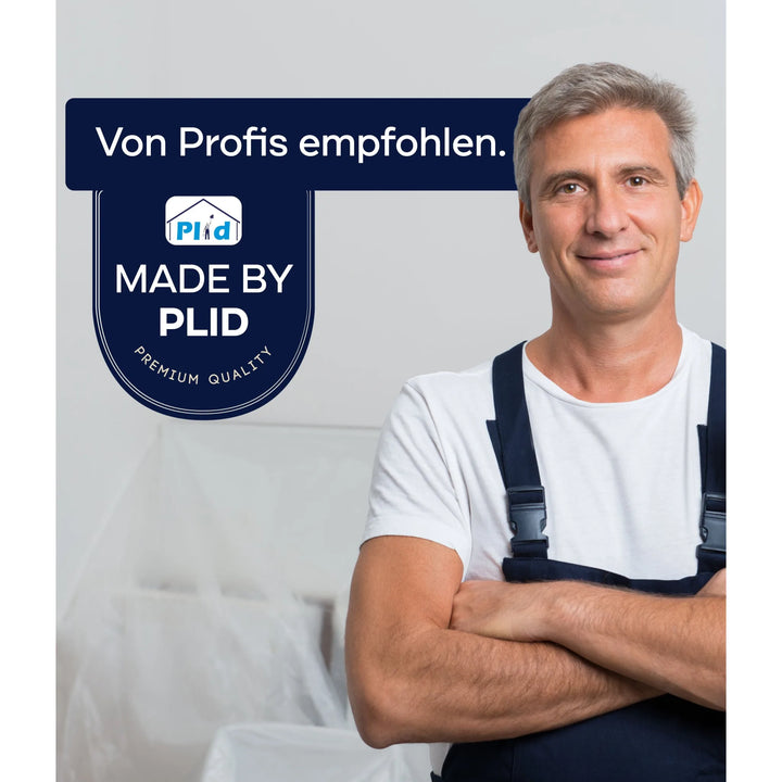 Ein lächelnder Mann im Arbeitsoverall steht mit verschränkten Armen da. Neben ihm steht ein blaues Etikett: Von Profis empfohlen. MADE BY PLID PREMIUM QUALITÄT. Plid Panzerband Silber - extrastark &amp; wetterfest für Reparaturen 50mm, dazu ein Haussymbol über "PLID".