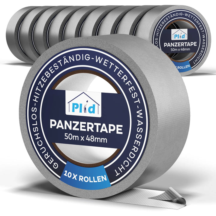 Ein Satz von zehn Stück Panzerband Silber (50mm), beschriftet mit "extrastark &amp; wetterfest für Reparaturen", mit blau-weißer Verpackung; geruchloses, hitzebeständiges, wetterfestes und wasserdichtes Gewebeband.