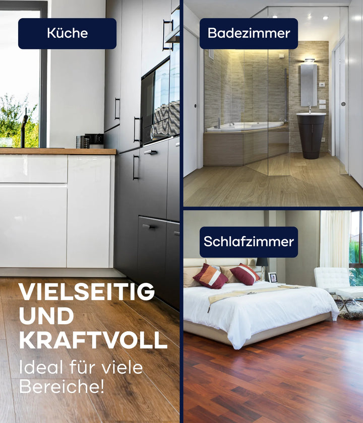 Eine Collage zeigt eine moderne Küche, ein Badezimmer mit Glasdusche und ein Schlafzimmer mit großem Bett. Text auf Deutsch: Vielseitig und kraftvoll. Ideal für viele Bereiche! Etiketten mit plid Parkettlack Anstreichset glänzend/Satin für Holzböden für stoßfeste Holzoberflächen.