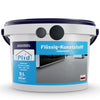 Ein weiß-blauer 5-Liter-Eimer mit Henkel und der Aufschrift "Flüssigkunststoff Bodenbeschichtung UV-beständig" zeigt auf dem Etikett ein modernes graues Bodenbild und die deutsche Flagge, geeignet für Böden.