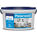 Ein 5L weißer plid Polarweiß Wandfarbe Eimer mit blauem Deckel, extra weiß & hochdeckend für Innen, deckt 40-50 m² ab. Mit Produktdetails und modernen Wohnzimmerbildern. Hergestellt in Deutschland.