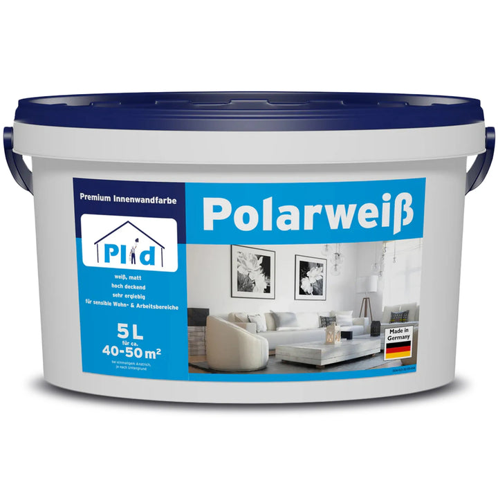 Ein 5L weißer plid Polarweiß Wandfarbe Eimer mit blauem Deckel, extra weiß &amp; hochdeckend für Innen, deckt 40-50 m² ab. Mit Produktdetails und modernen Wohnzimmerbildern. Hergestellt in Deutschland.