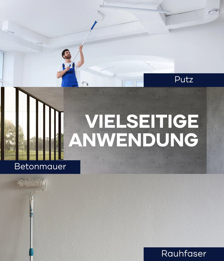 Eine Collage zeigt einen Mann, der Polarweiß Wandfarbe - extra weiß &amp; hochdeckend für Innen von plid zum Streichen von Putz, Betonmauer und Raufaser verwendet. Ideal für vielseitige, hochdeckende Anwendungen im Innenbereich.
