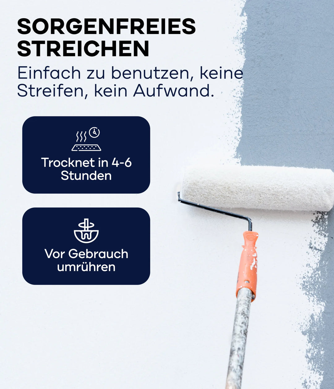 Ein Farbroller trägt plid Polarweiß Wandfarbe - extra weiß &amp; hochdeckend für Innen auf eine Wand auf. Slogan: Sorgenfreies Streichen - einfach, streifenfrei, mühelos. Infokästen: Trocknet in 4-6 Std.; vor Gebrauch umrühren.