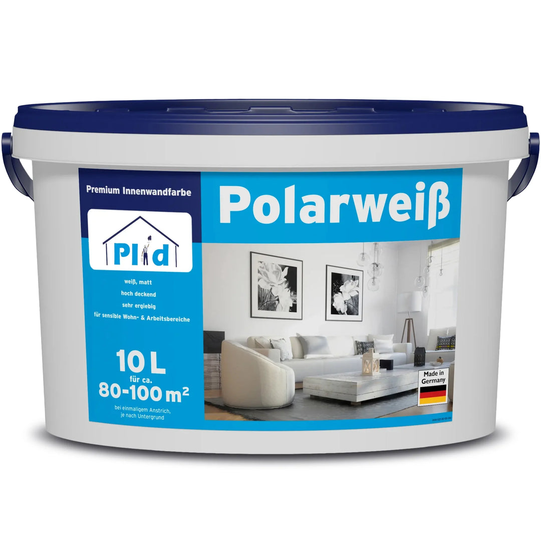 Ein 10-Liter-Eimer plid Polarweiß Wandfarbe - extra weiß &amp; hochdeckend für Innen, mit blauem Deckel, reicht für 80-100 m². Das Etikett zeigt ein modernes weißes Wohnzimmer und die Flagge "Made in Germany"; alle Texte sind in deutscher Sprache.