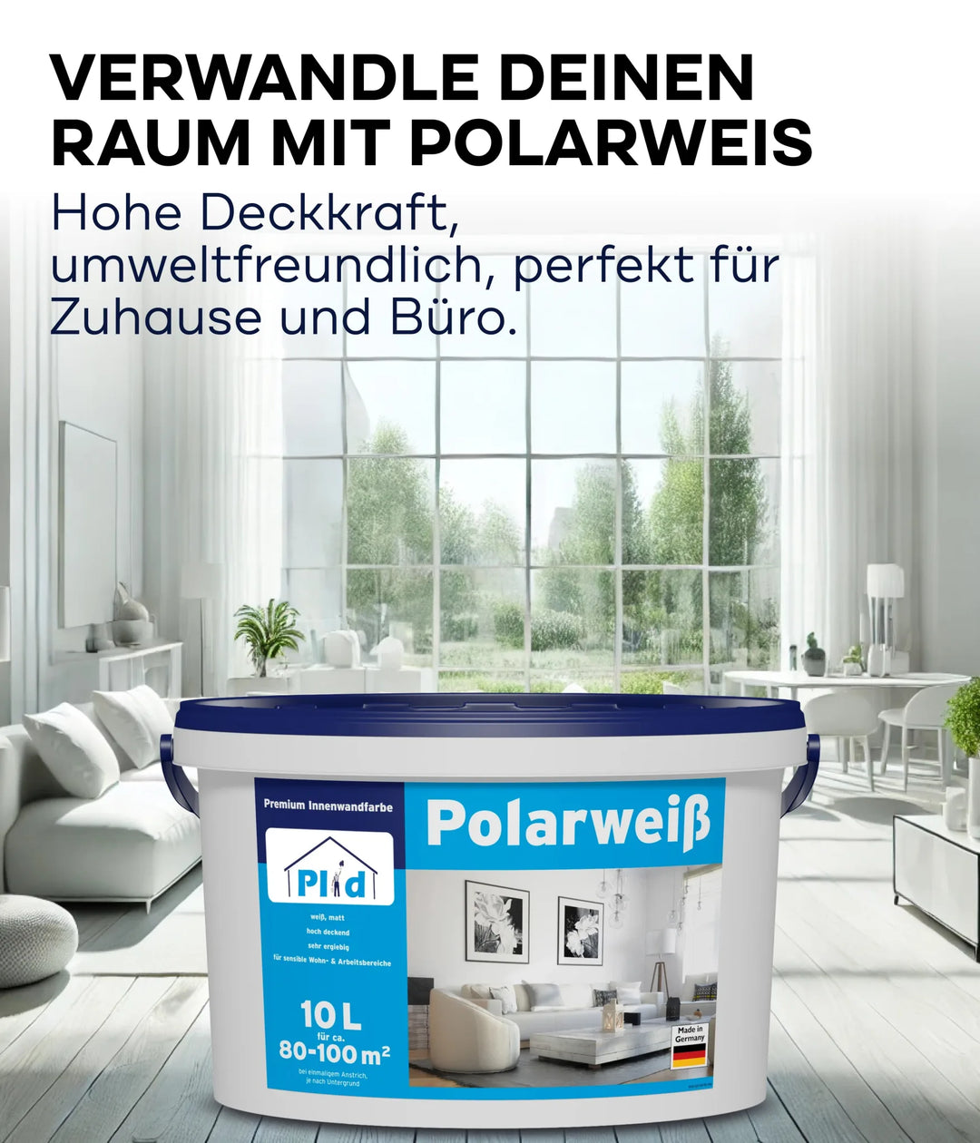 Ein großer plid Polarweiß Wandfarbe - extra weiß &amp; hochdeckend für Innen Eimer steht in einem hellen Wohnzimmer. Der deutsche Text hebt die umweltfreundliche Verwendung in Haus und Büro hervor.