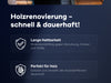 Dunkelblaue Grafik mit deutschem Text: Holzrenovierung - schnell & dauerhaft! und darunter zwei Abschnitte mit Icons, die lange Haltbarkeit und perfekten Schutz für Holzoberflächen in weißer Schrift beschreiben.