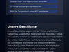 Screenshot eines Abschnitts der Website mit dem Titel Unsere Geschichte in deutscher Sprache, der die Vision und den Hintergrund des Unternehmens beschreibt. Text und blaue Anweisungsfelder sind auf dunklem Hintergrund zu sehen.
