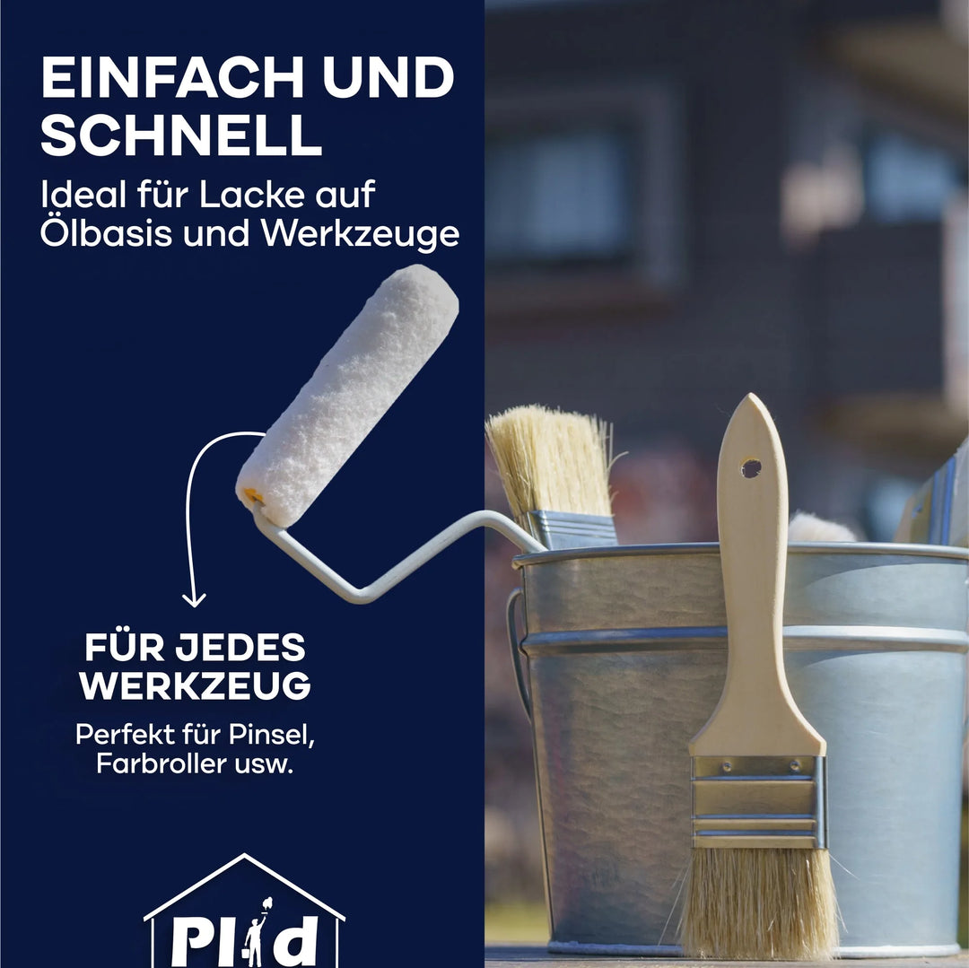 Ein plider Terpentin-Ersatz - geruchsarm &amp; vielseitig einsetzbar - wird gezeigt. Dieses Produkt ist ideal zum Verdünnen von Öl-basierten Farben, für Pinsel oder Roller sowie als Ersatz für herkömmliches Terpentin.