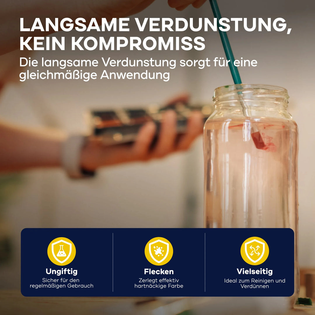 Eine Hand hält ein großes Glas mit Pinsel, daneben Text: "Langsame Verdunstung, kein Kompromiss". Unten drei Icons: plid Plid Terpentin-Ersatz - geruchsarm, entfernt hartnäckige Flecken, ideal zum Farben- und Lackverdünnen.