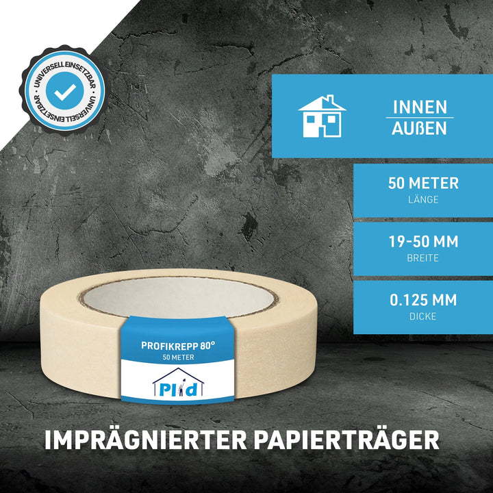 Eine Rolle aus dem Plid Kreppband Set Beige von plid auf dunklem Grund, mit blauen und weißen Etiketten mit der Angabe 50 m Länge, 19-50 mm Breite, 0,125 mm Dicke; imprägniertes Papierband für saubere Malerarbeiten im Innen- und Außenbereich.