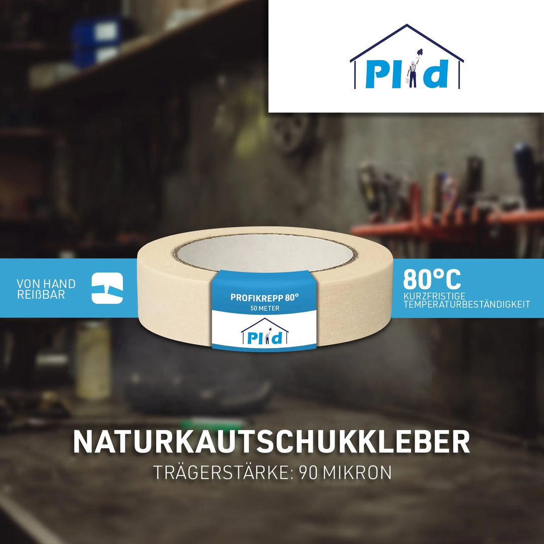 Ein 3-teiliges beigefarbenes Kreppband-Set von plid liegt auf einem Werkstatttisch. Das von Hand abreißbare Band hat einen Naturkautschuk-Kleber, ist hitzebeständig bis 80°C und eignet sich perfekt zum sauberen Abkleben beim Lackieren.