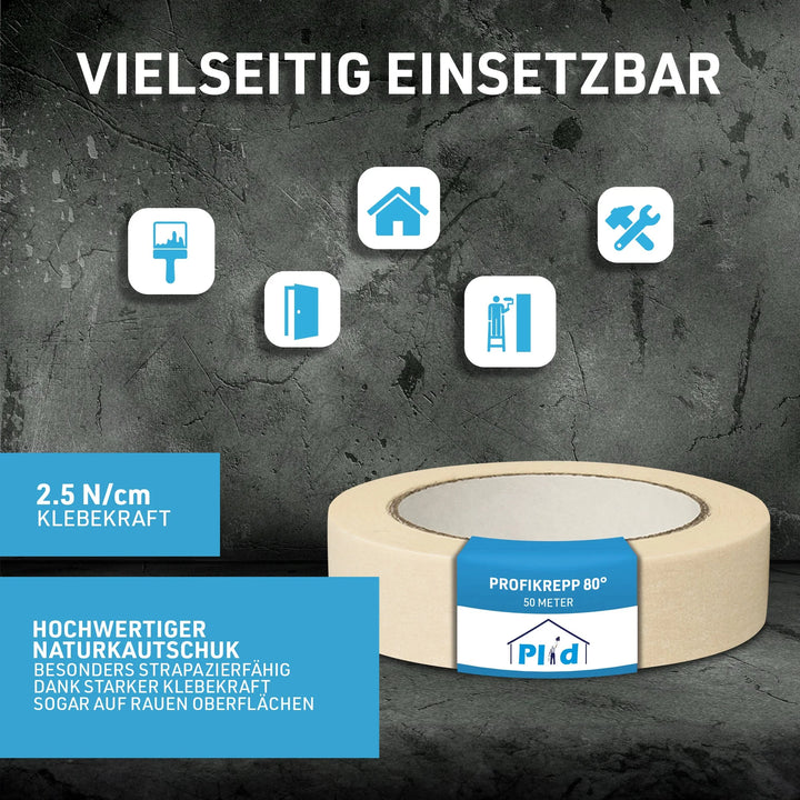 Ein 3-teiliges Plid Kreppband Set Beige aus Plid auf einer grauen Oberfläche, mit Symbolen für Malerei, Werkzeug, Haus und Tischlerei. Starker Kleber sorgt für sauberes Abkleben auf rauen Oberflächen - perfektes Abklebeband für präzise Malerarbeiten.