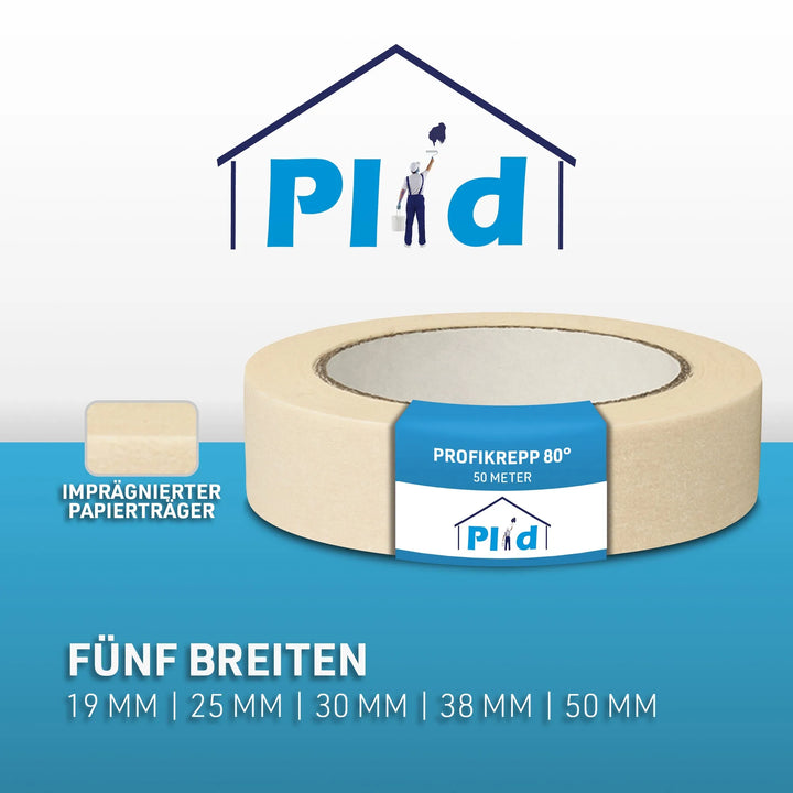 Das plid Kreppband Set Beige - 3-teilig sorgt für sauberes Abkleben beim Streichen. Fünf Breiten (19, 25, 30, 38, 50 mm) sind erhältlich - ideal für Malerarbeiten. Verpackt im typischen Blau-Weiß mit plid-Logo.